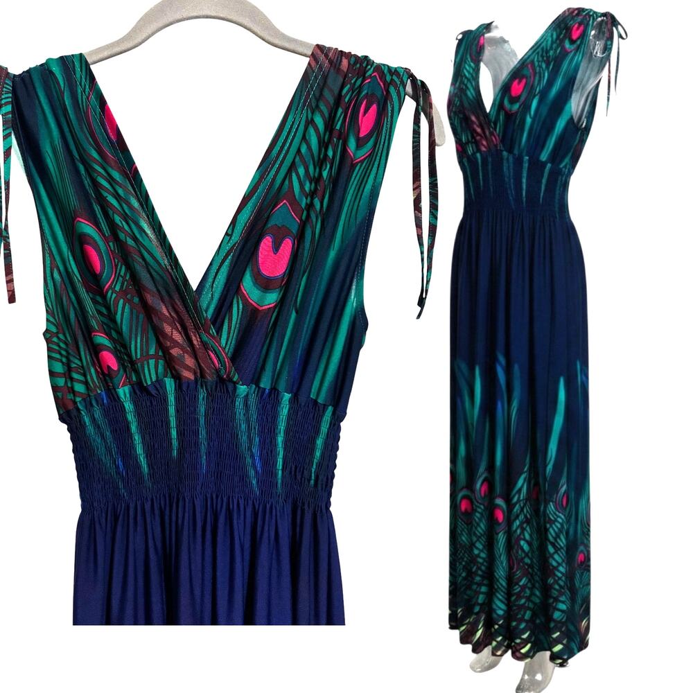 Raya Sun Navy Teal Peacock Feather Maxi Dress Smocked Fairy Whimsigoth Size L